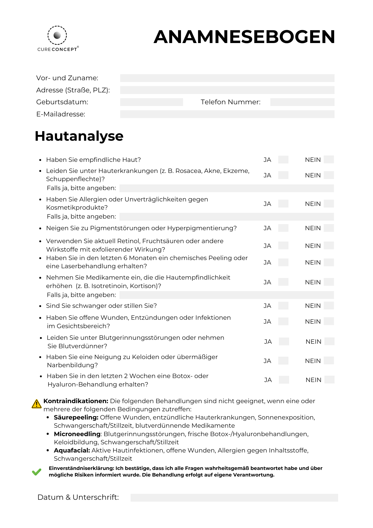 Anamnesebogen - Block DIN A4 (50 Blatt) – Microneedling, Aquafacial & Säurepeeling - Cure Concept