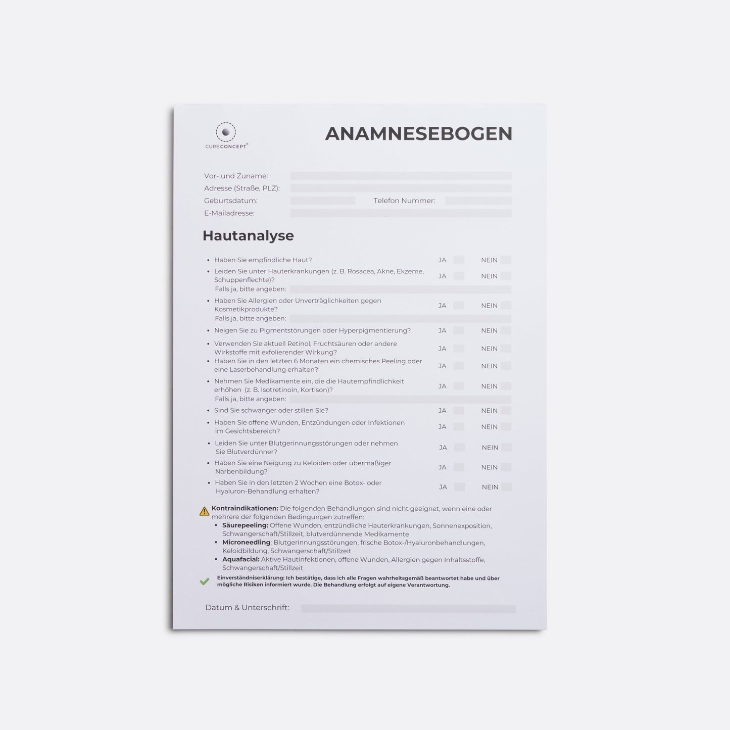 Anamnesebogen - Block DIN A4 (50 Blatt) – Microneedling, Aquafacial & Säurepeeling - Cure Concept