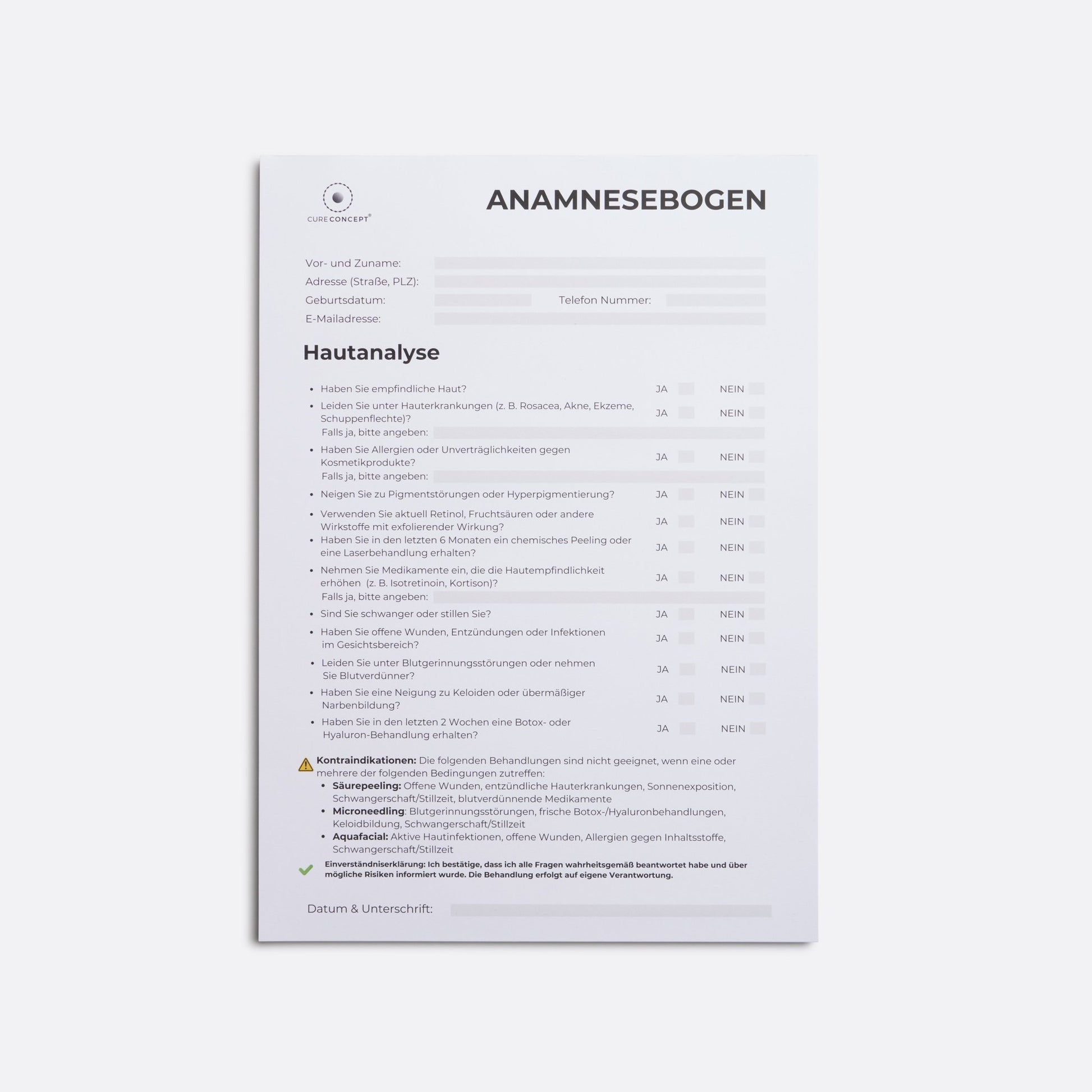 Anamnesebogen - Block DIN A4 (50 Blatt) – Microneedling, Aquafacial & Säurepeeling - Cure Concept